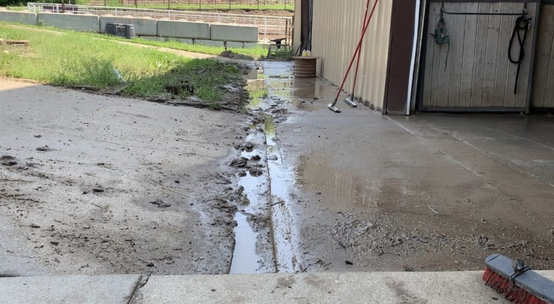 Standing water along the building before the drain